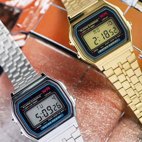 Relógio Clássico dourado com pulseira de aço inoxidável e display LED.