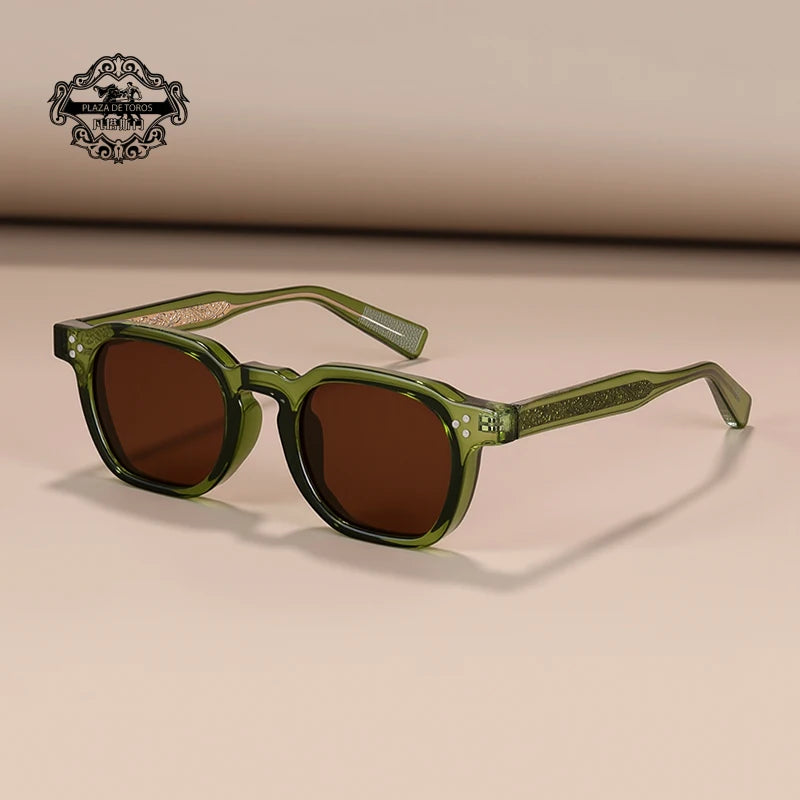 Óculos retrô quadrado verde com armação e lentes marrons polarizadas UV400

