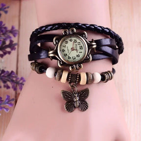 Relógio vintage preto feminino com couro trançado e pingente de borboleta