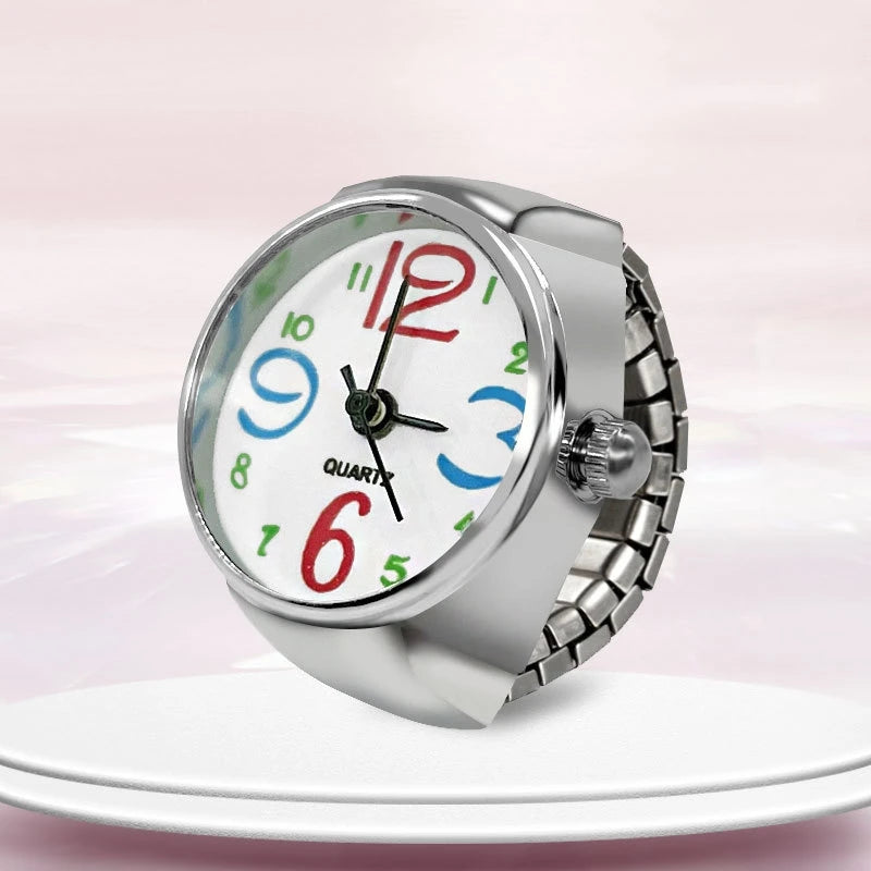 Anel-Relógio Quartzo Multicolorido com mostrador colorido e pulseira ajustável
