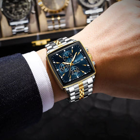 Relógio masculino POEDAGAR azul dourado quadrado com pulseira inox bicolor