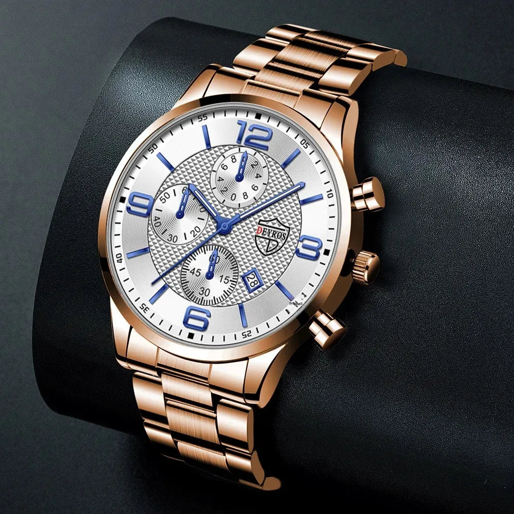 Relógio masculino DEYROS ouro rosa com mostrador branco e pulseira de aço elegante