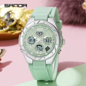 Relógio SANDA verde com mostrador digital e pulseira silicone.