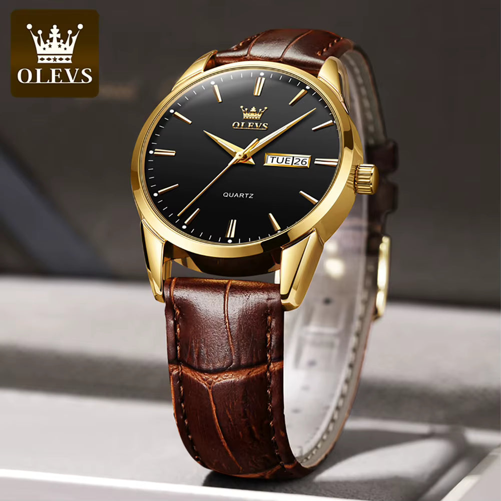 Relógio OLEVS Ouro Preto masculino com pulseira de couro