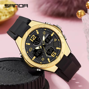 Relógio SANDA preto dourado com mostrador analógico-digital.