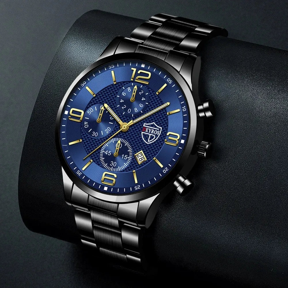 Relógio masculino DEYROS preto com mostrador azul e pulseira de aço inox resistente