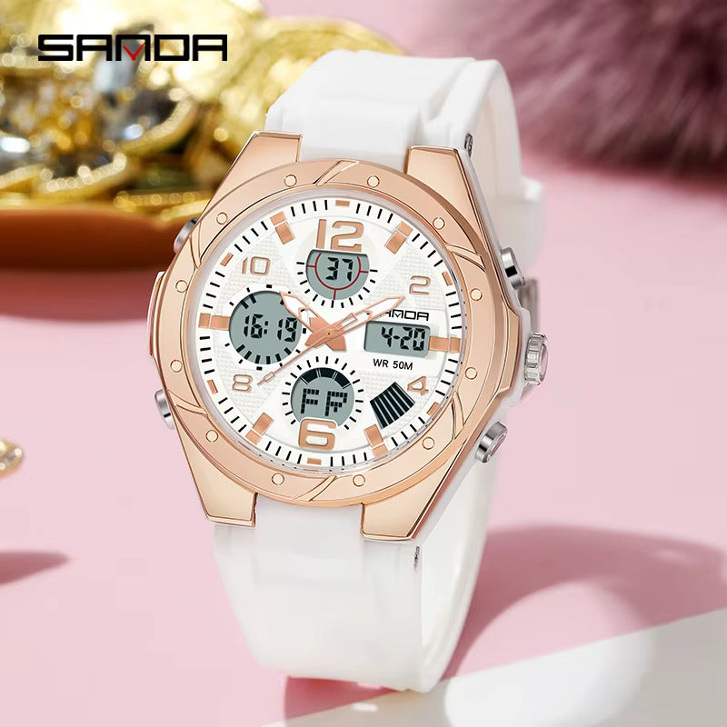 Relógio SANDA branco com mostrador digital e pulseira silicone.