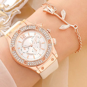 Relógio feminino branco com cristais e pulseira rosa flor sofisticada.