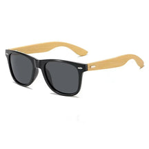 Óculos de sol quadrado com armação preta e hastes de bambu, lente polarizada UV400

