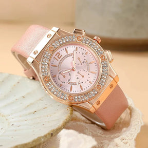Relógio feminino rosa luxo com cristais e pulseira rosa flor charmosa.