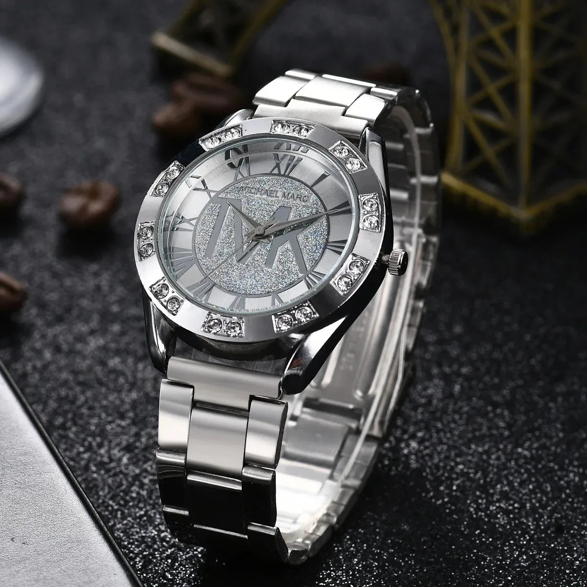 Relógio feminino luxo com cristais, pulseira de aço inoxidável.
