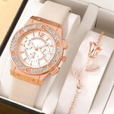 Relógio feminino branco com cristais e pulseira rosa flor sofisticada.