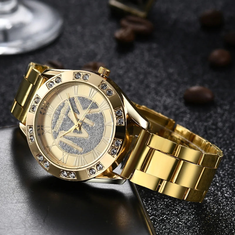 Cristal Diamante Relógios Luxo feminino, Marca Ouro, Relógio de Pulso, Aço Inoxidável, Relógio Feminino, Relógio Lazer, Reloj Mujer TVK.