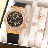 Relógio feminino preto luxo com cristais e pulseira rosa flor elegante.