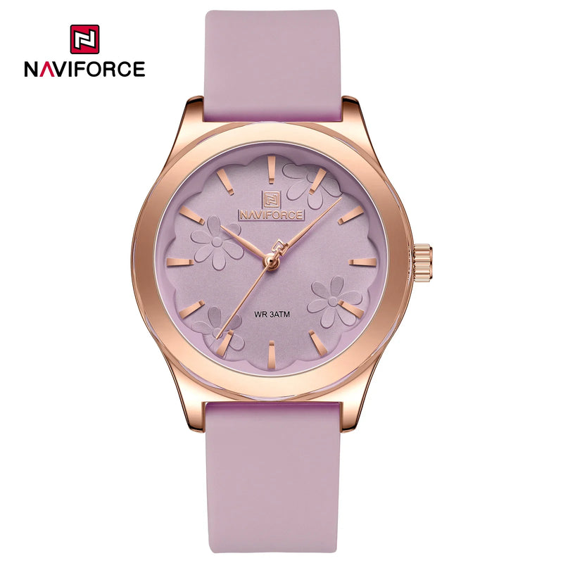 NAVIFORCE Novo estilo feminino, relógios de quartzo de alta qualidade, pulseira de sílica fumed, moda elegante relógio de pulso à prova d'água.