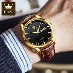 Relógio OLEVS Ouro Preto masculino com pulseira de couro