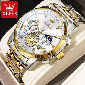Relógio masculino OLEVS branco dourado com cronógrafo e fase da lua