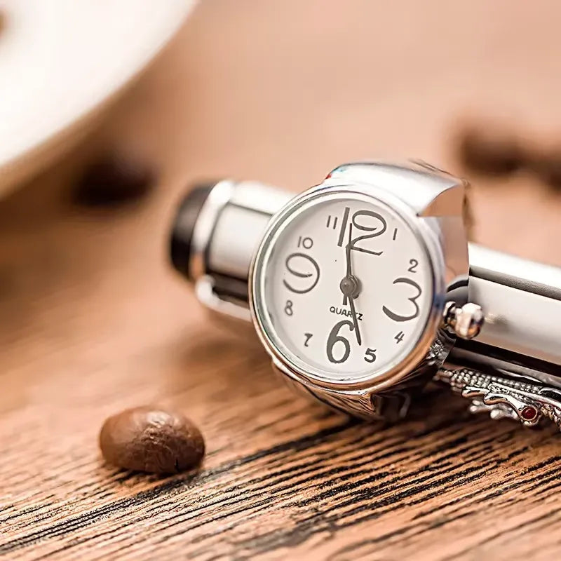 Anel-Relógio Quartzo Branco com mostrador claro e pulseira metálica ajustável
