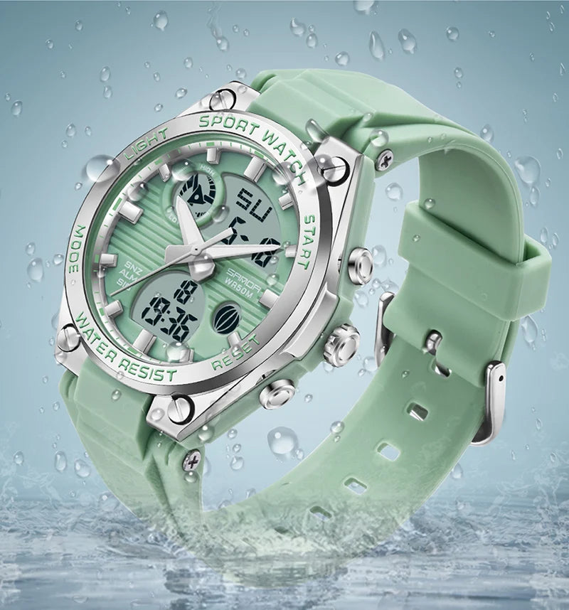 Relógio SANDA verde com mostrador digital e pulseira silicone.
