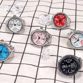 vários Aneis-Relógio Quartzo com mostrador circular e pulseira prateada ajustável