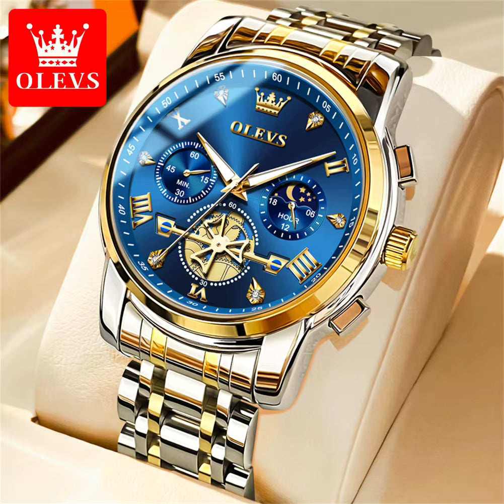 Relógio masculino OLEVS azul dourado com cronógrafo e fase da lua