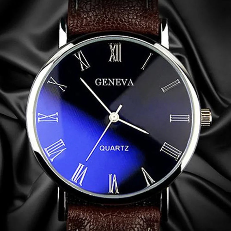 GENEVA Relógio clássico vintage de Genebra para homens, relógio de pulso analógico de quartzo empresarial, algarismos romanos, Blu-Ray, pulseira de couro sintético