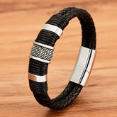 Pulseira masculina couro trançado com detalhe em aço inoxidável prata