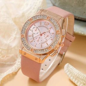 Relógio feminino rosa luxo com cristais e pulseira rosa flor charmosa.