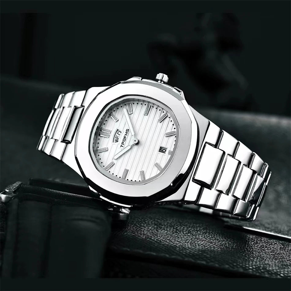 Relógio masculino aço inoxidável com mostrador branco e pulseira prateada.