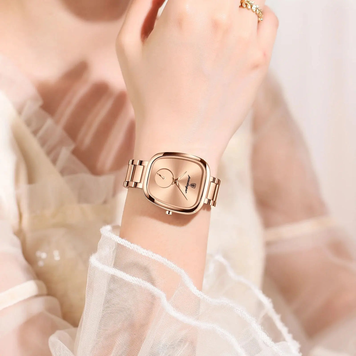 Relógio feminino POEDAGAR rosé em aço inoxidável com mostrador elegante