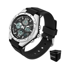 Relógio SANDA preto prateado com mostrador digital e pulseira silicone.