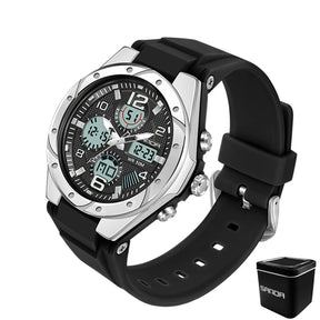 Relógio SANDA preto prateado com mostrador digital e pulseira silicone.