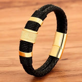 Pulseira masculina couro trançado com detalhe em aço inoxidável dourado