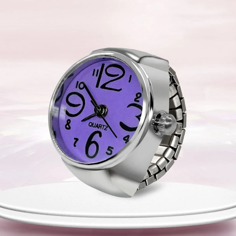 Anel-Relógio Quartzo Lilás com mostrador minimalista e pulseira metálica