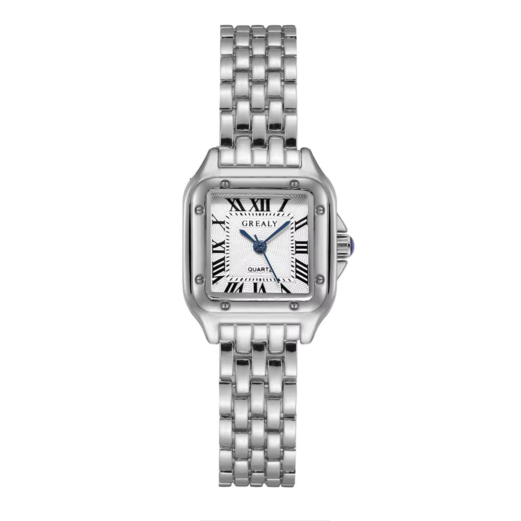 Relógio feminino GREALY prata com mostrador romano e pulseira aço inox.