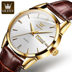 Relógio OLEVS Branco Dourado masculino com pulseira de couro