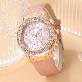 Relógio feminino rosa luxo com cristais e pulseira rosa flor charmosa.