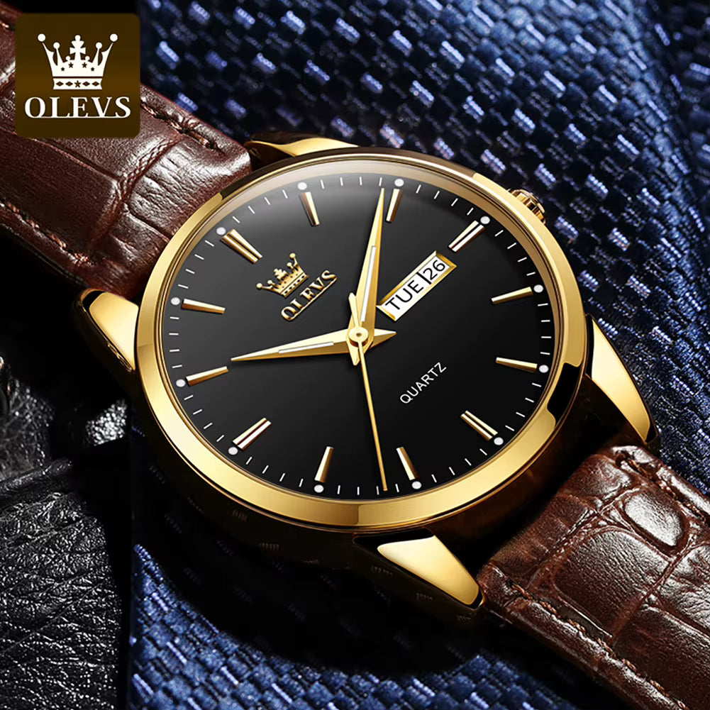 Relógio OLEVS Ouro Preto masculino com pulseira de couro