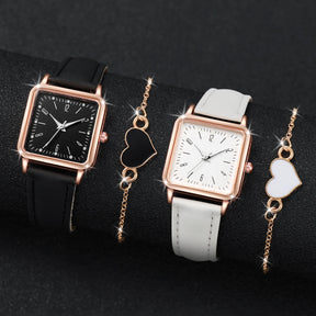 Relógio feminino quadrado branco com pulseira couro e bracelete coração dourado, visual delicado e sofisticado.