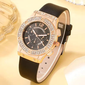 Relógio feminino preto luxo com cristais e pulseira rosa flor elegante.