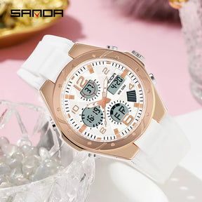Relógio SANDA branco com mostrador digital e pulseira silicone.
