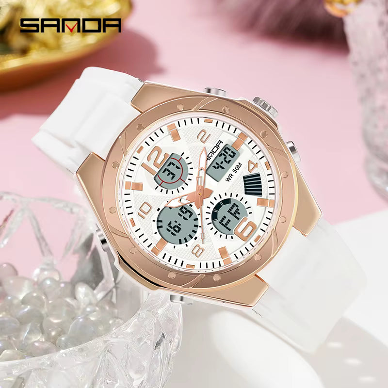 Relógio SANDA branco com mostrador digital e pulseira silicone.
