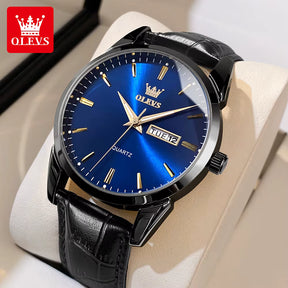 Relógio OLEVS Preto Azul masculino com pulseira de couro