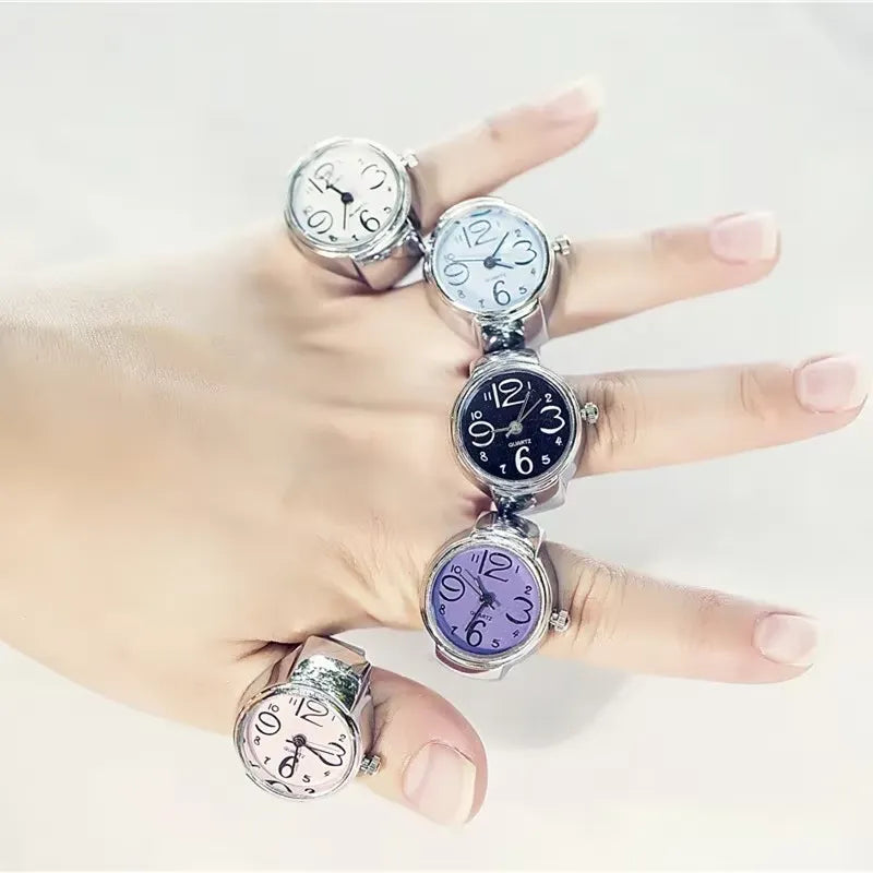 vários Aneis-Relógio Quartzo com mostrador circular e pulseira prateada ajustável