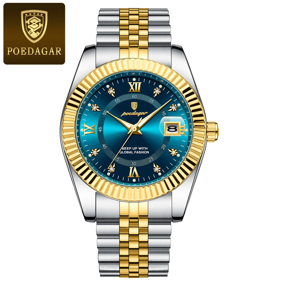 Relógio POEDAGAR dourado com mostrador azul e pulseira inoxidável.