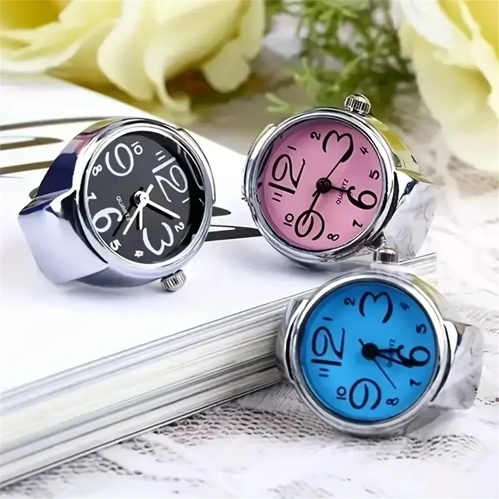 vários Aneis-Relógio Quartzo com mostrador circular e pulseira prateada ajustável