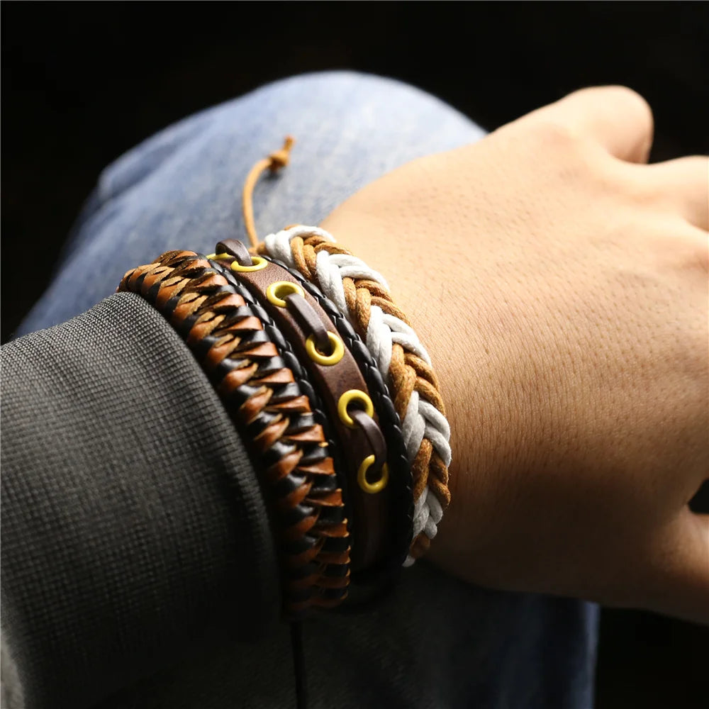 Kit 3 Pulseiras Masculinas de Couro Estilo Versátil