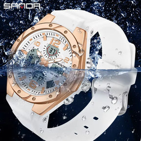 Relógio SANDA branco com mostrador digital e pulseira silicone.