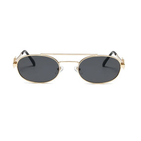 Óculos oval dourado feminino com armação metálica e lente escura UV400, estilo retrô minimalista

