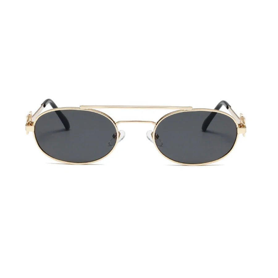 Óculos oval dourado feminino com armação metálica e lente escura UV400, estilo retrô minimalista

